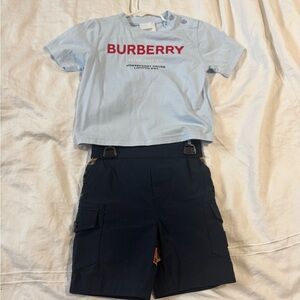 Burberry Light Blue Tee with Red Logo and Navy Shorts Set